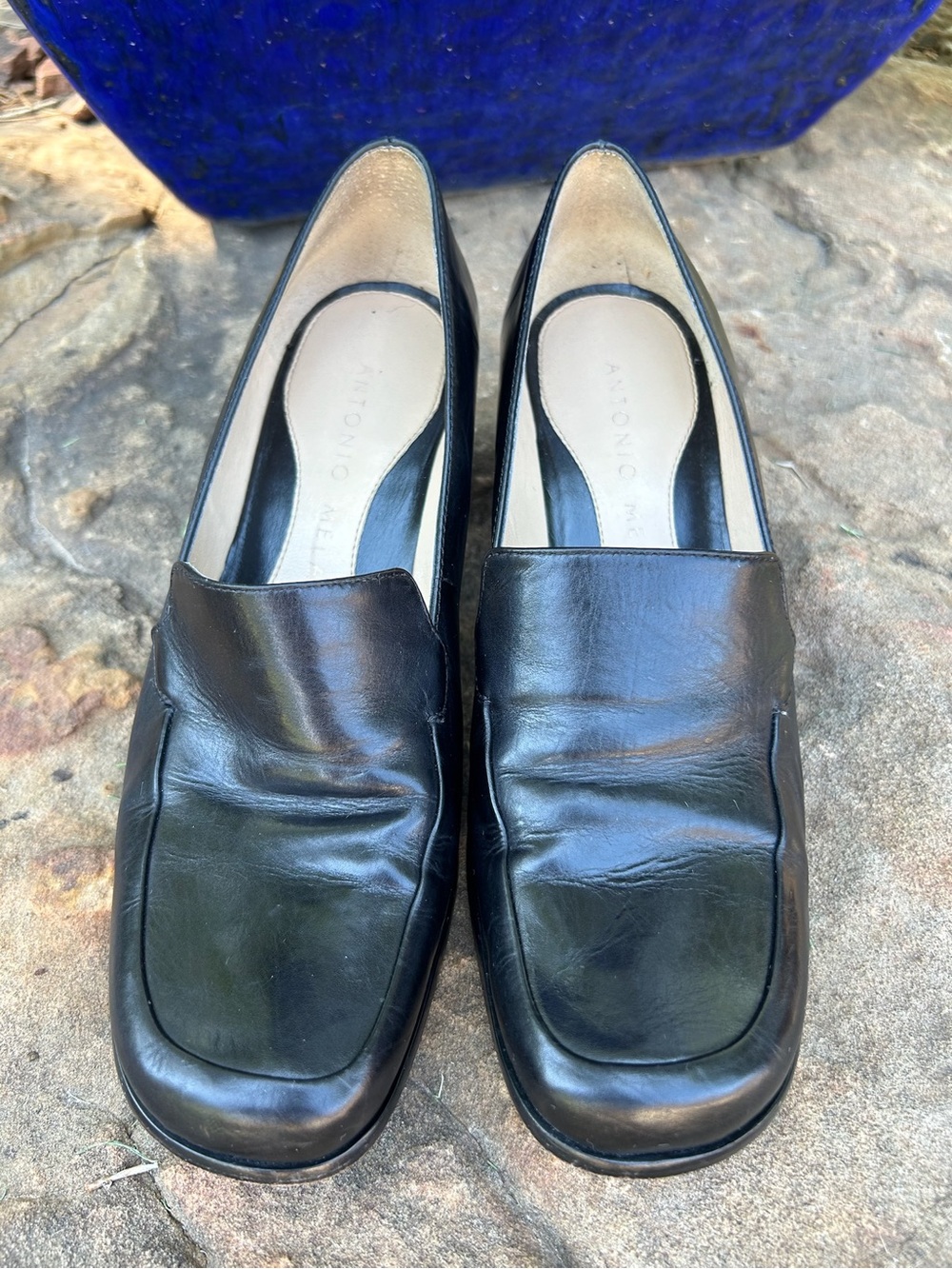 Antonio Melani Made in Italy Black Leather Pumps Size 8 Slip-On Y2K Vintage